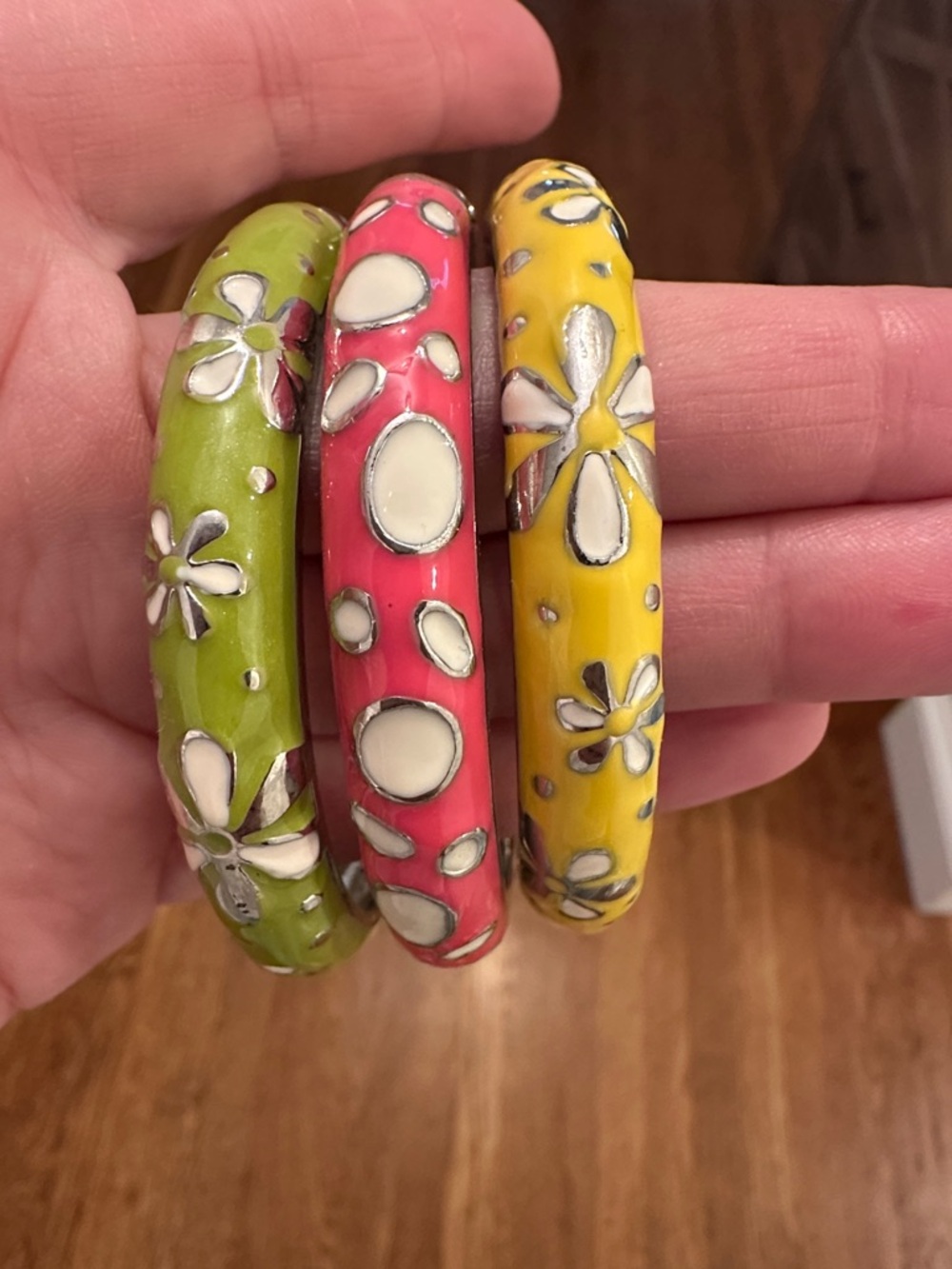 Colorful Floral Enamel Bangle Set - Green, Pink & Yellow